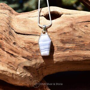 Sterling Silver Blue Lace Agate Coffin Pendant – 925 Silver, Bezel Setting